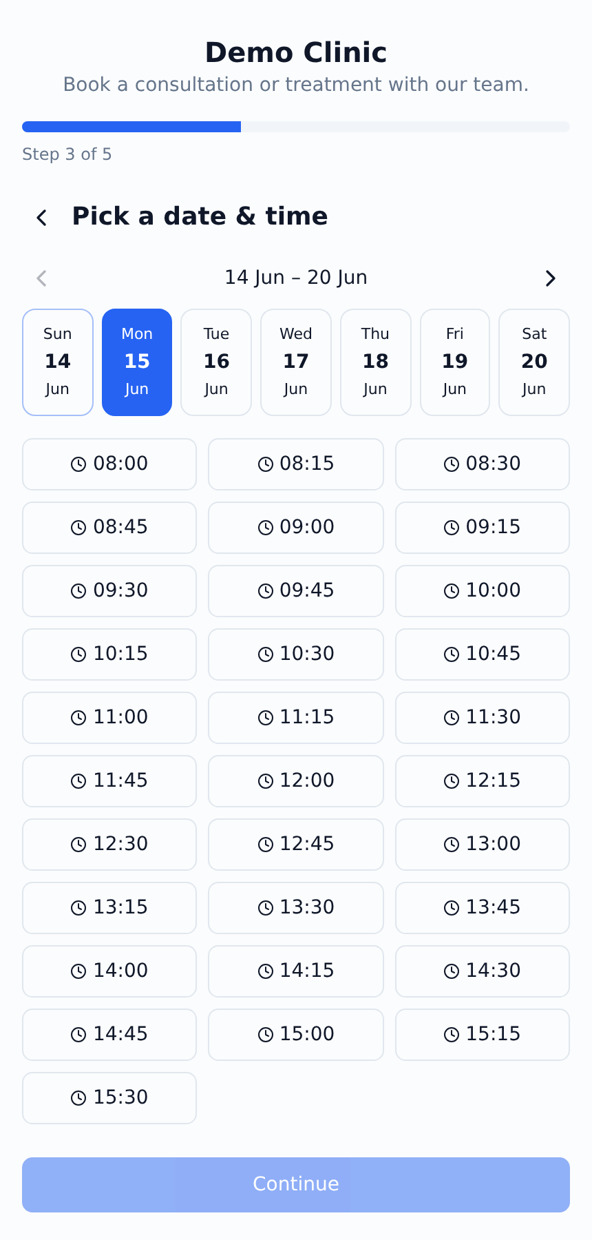 Client booking flow on mobile choosing a time