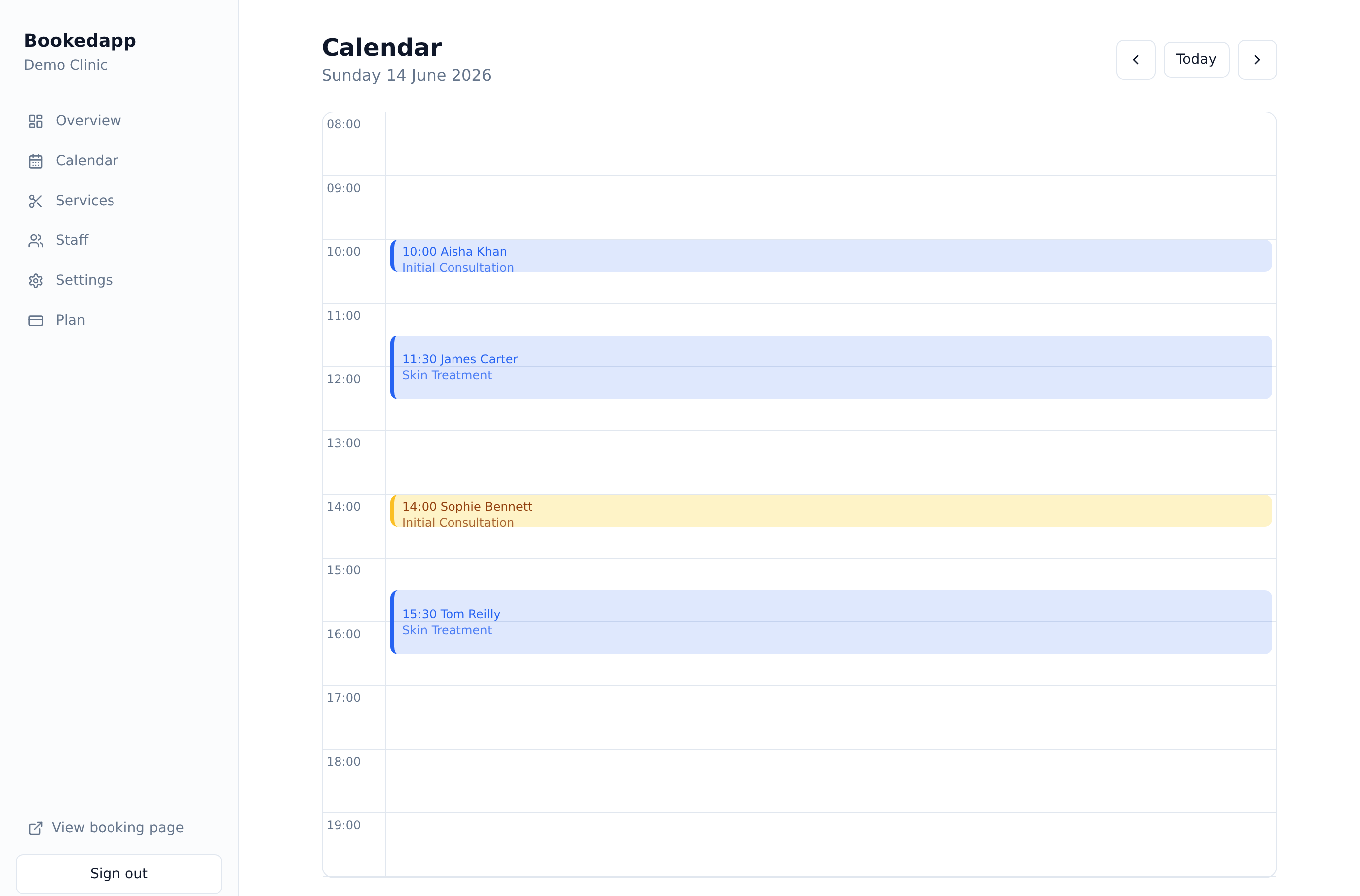 Day-view calendar with colour-coded appointments