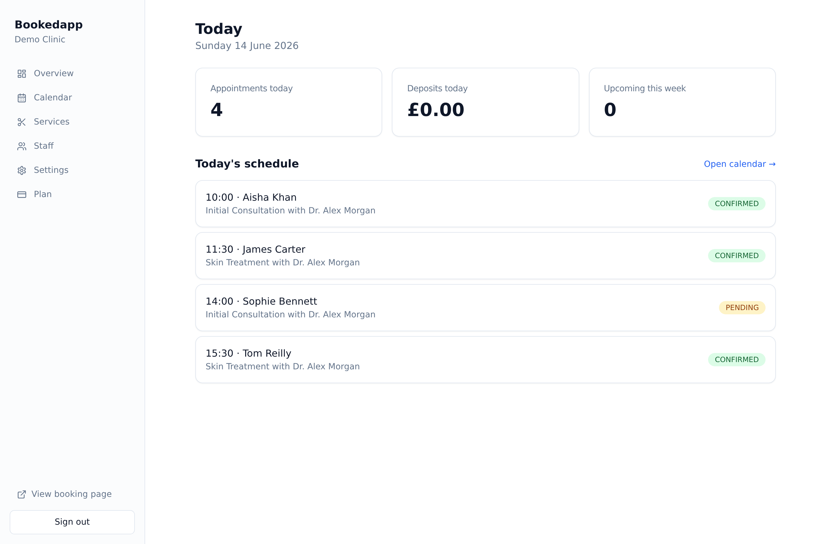 Bookedapp business dashboard showing today's schedule