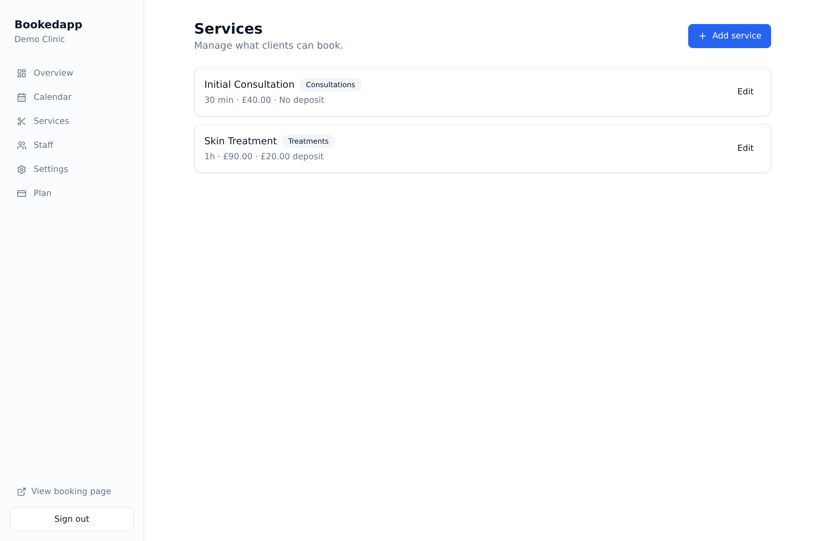 Service catalogue screenshot